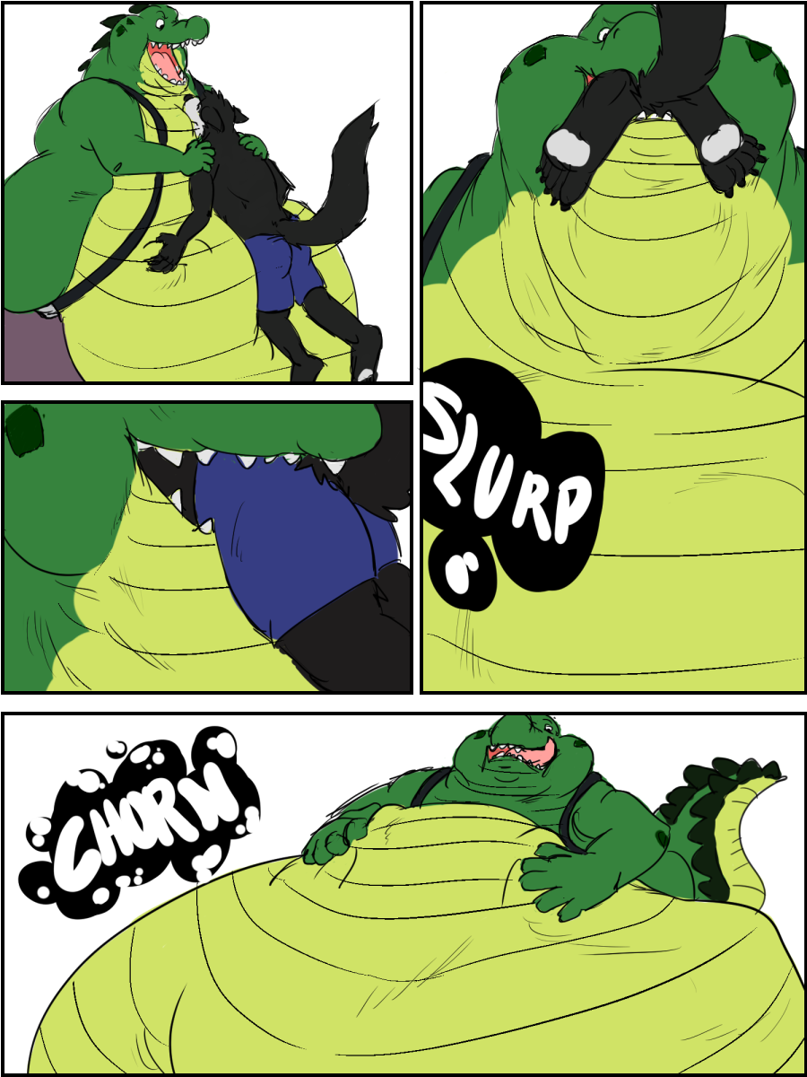 2016 5_fingers 5_toes anthro barefoot belly big_belly biped black_fur black_tail blue_bottomwear blue_clothing boxers_(clothing) c-- canine claws clothed clothing colin_(artist) collaboration comic countershade_tail countershade_torso countershading crocodile crocodilian digital_media_(artwork) duo eating fur green_countershading green_scales hand_on_shoulder hand_on_stomach hands_on_shoulders head_first hi_res hyper hyper_belly larger_male licking licking_lips lifting male mammal morbidly_obese multicolored_fur multiple_scenes obese open_mouth oral_vore overweight pink_tongue purple_bottomwear purple_clothing reptile scales scalie sharp_teeth simple_background size_difference smaller_male snout solez suspenders swallowing teeth toe_claws toes tongue tongue_out topless two_tone_fur underwear vore white_background white_fur wolf