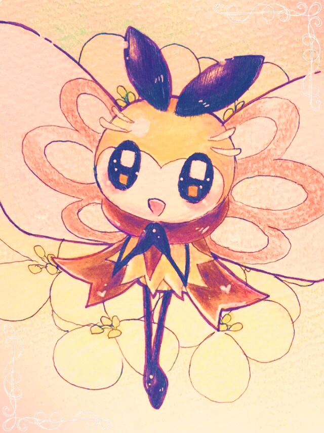 aije antennae blush brown_scarf bug feet_together flower gen_7_pokemon hands_together insect insect_wings looking_at_viewer no_humans open_mouth pokemon pokemon_(creature) ribombee scarf smile solo sparkling_eyes wings