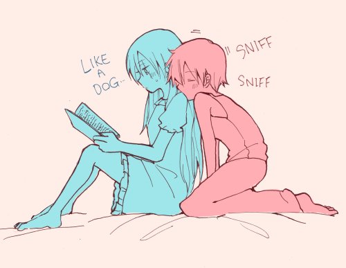 bed bed_sheet blush color_connection english limited_palette long_hair lowres multiple_girls multiple_monochrome nagasawa_(tthnhk) pajamas reading ruby_rose rwby scar short_hair smelling weiss_schnee yuri