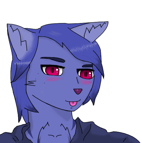 anthro blue_fur blue_hair blush cat clothed clothing cryoshroud feline fur hair looking_at_viewer male mammal pink_eyes simple_background smile solo toung young