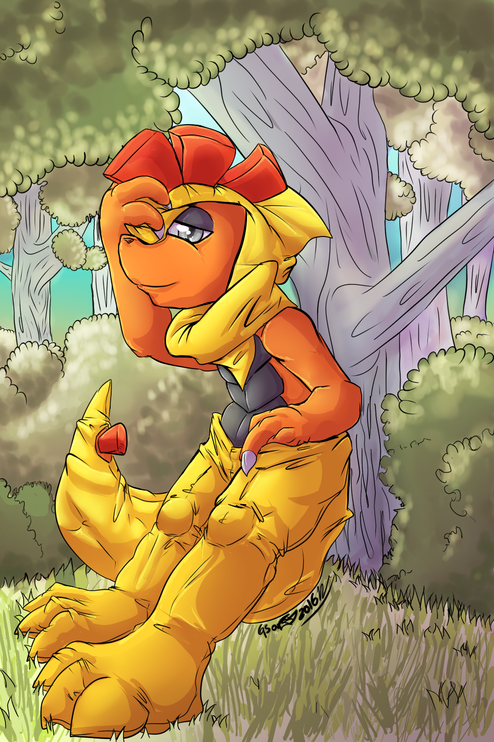 against_tree anthro clothing crest forest gs-fox half-closed_eyes leaning leaning_back male nintendo outside pants pants_pull pok&eacute;mon scalie scrafty side_view signature smile solo tight_clothing tree video_games