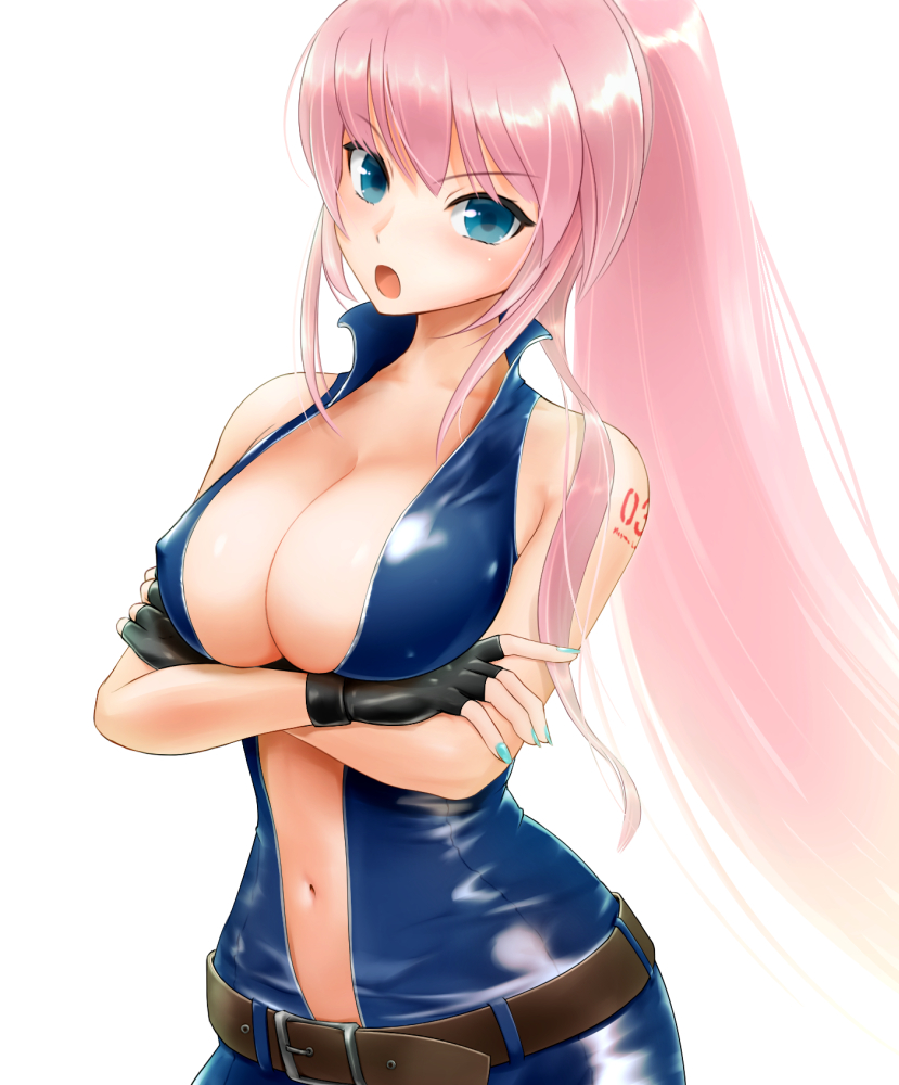 :o alternate_hairstyle aqua_nails arm_tattoo bad_id bad_pixiv_id bangs bare_shoulders belt black_gloves blue_eyes blush breast_hold breasts center_opening cleavage company_connection comugico cosplay covered_nipples crossed_arms eyebrows_visible_through_hair fingernails gloves hand_on_own_arm holding_arm ishikei_(style) large_breasts long_hair looking_at_viewer megurine_luka nail_polish navel number number_tattoo pink_hair ponytail project_diva_(series) sarah_bryant sarah_bryant_(cosplay) sega shiny shiny_skin sidelocks simple_background skin_tight solo stomach tattoo upper_body very_long_hair virtua_fighter vocaloid white_background