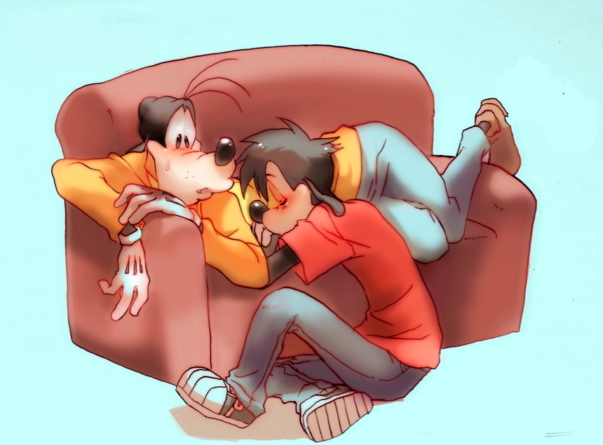 anthro blush canine clothed clothing disney dog father father_and_son footwear gloves goof_troop goofy_(disney) mammal max_goof natsu-nori on_floor parent shoes simple_background sitting sofa son