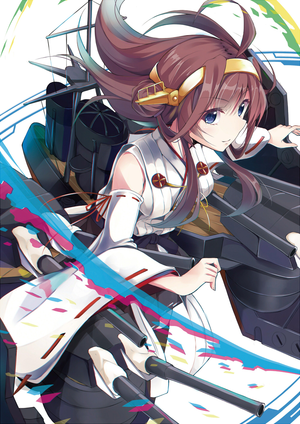 ahoge bare_shoulders black_legwear black_skirt blue_eyes breasts brown_hair cannon commentary detached_sleeves eyebrows_visible_through_hair hair_between_eyes hand_up hazuki_gyokuto headband headgear highres japanese_clothes kantai_collection kongou_(kantai_collection) long_hair long_sleeves looking_at_viewer medium_breasts nontraditional_miko pleated_skirt simple_background skirt smile smokestack solo thighhighs turret white_background wide_sleeves