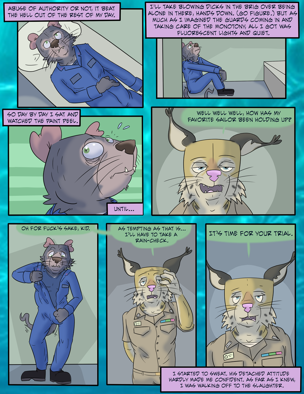 brokowski clothed clothing comic dialogue english_text facepalm feline fully_clothed lying lynx mammal marsupial on_back prison_cell seaman_hardy sharp_teeth sitting soldier speech_bubble tasmanian_devil teeth text undressing uniform unimpressed whiskers