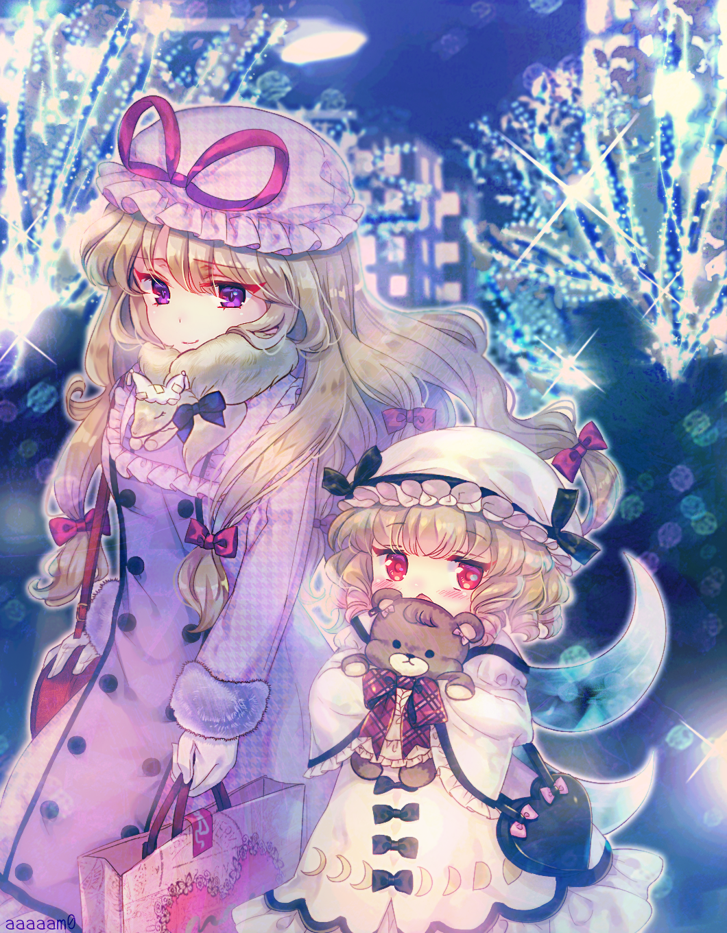 adapted_costume amo bag bangs black_bow blonde_hair bow coat crescent dress dress_bow drill_hair eyebrows_visible_through_hair fairy fairy_wings fox frilled_sleeves frills fur-trimmed_sleeves fur_trim gloves hair_ribbon hat hat_ribbon highres holding lamppost lights long_hair long_sleeves looking_at_viewer luna_child mob_cap moon_phases multiple_girls open_mouth pillow_hat purple purple_eyes red_eyes red_ribbon ribbon shoulder_bag string_lights stuffed_animal stuffed_toy teddy_bear touhou tree tress_ribbon triangle_mouth white_dress white_gloves wide_sleeves wings yakumo_ran yakumo_ran_(fox) yakumo_yukari