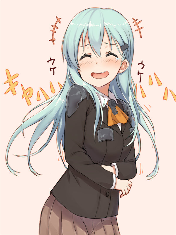 aqua_hair ascot blazer blush brown_skirt closed_eyes commentary_request cowboy_shot hair_ornament hairclip jacket kantai_collection long_hair nonono_(mino) open_mouth pleated_skirt school_uniform skirt smile solo suzuya_(kantai_collection)