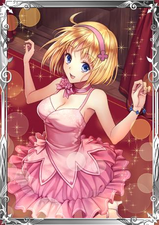 blonde_hair blue_eyes breasts cleavage collarbone cosette_coalhearth dress hairband looking_at_viewer lowres pink_dress pink_ribbon ribbon senjou_no_valkyria senjou_no_valkyria_2 short_hair solo yamyom