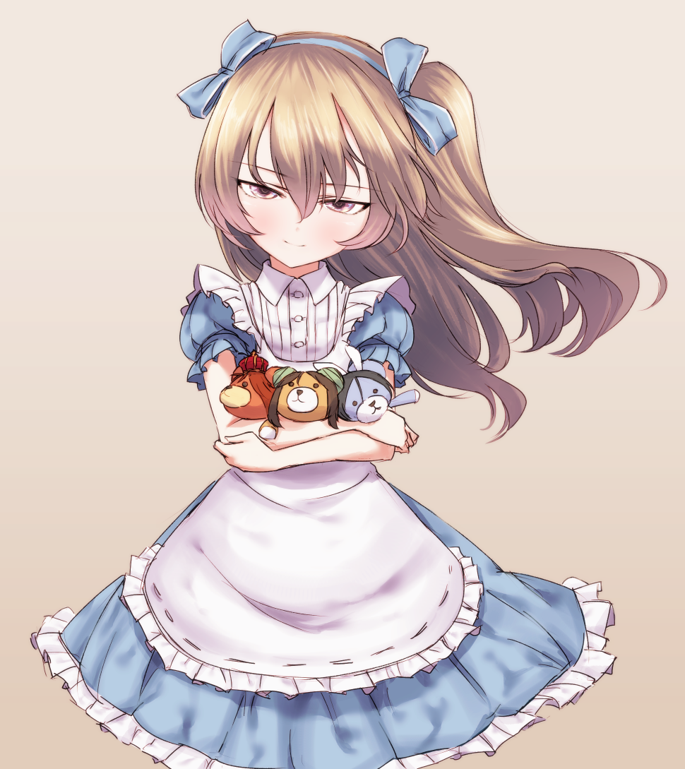 alice_(wonderland) alice_(wonderland)_(cosplay) alice_in_wonderland annotated apron azumi_(girls_und_panzer) bangs blue_dress blue_ribbon brown_background brown_eyes caterpillar_(wonderland) caterpillar_(wonderland)_(cosplay) closed_mouth commentary cosplay dress girls_und_panzer hair_ribbon hairband half-closed_eyes holding light_brown_hair light_smile long_hair looking_at_viewer megumi_(girls_und_panzer) mityubi puffy_short_sleeves puffy_sleeves queen_of_hearts queen_of_hearts_(cosplay) ribbon rumi_(girls_und_panzer) shimada_arisu short_sleeves side_ponytail simple_background solo standing stuffed_animal stuffed_toy teddy_bear white_apron white_rabbit white_rabbit_(cosplay)