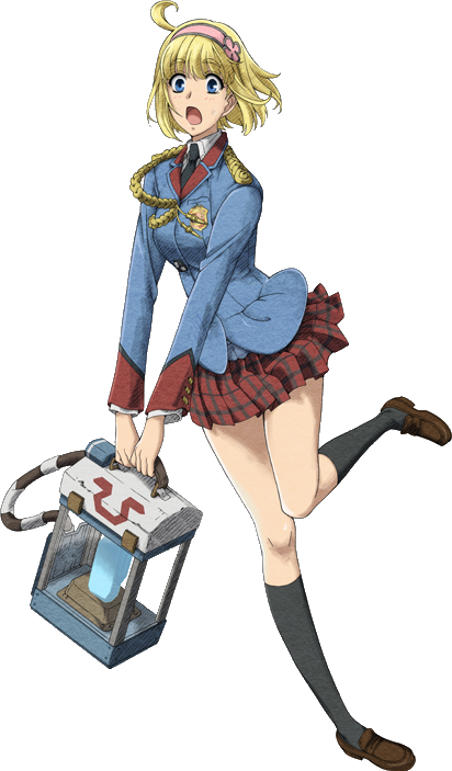 black_legwear blonde_hair blue_eyes cosette_coalhearth full_body hairband holding kneehighs official_art open_mouth pleated_skirt red_skirt senjou_no_valkyria senjou_no_valkyria_2 short_hair skirt solo transparent_background