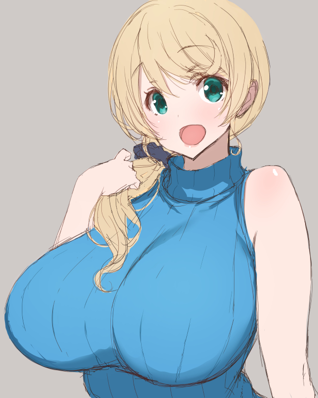 :d aqua_eyes bare_shoulders blonde_hair breasts commentary_request ellen_baker grey_background hair_ornament hair_scrunchie huge_breasts new_horizon open_mouth poin ribbed_sweater scrunchie simple_background sleeveless sleeveless_turtleneck smile solo sweater turtleneck
