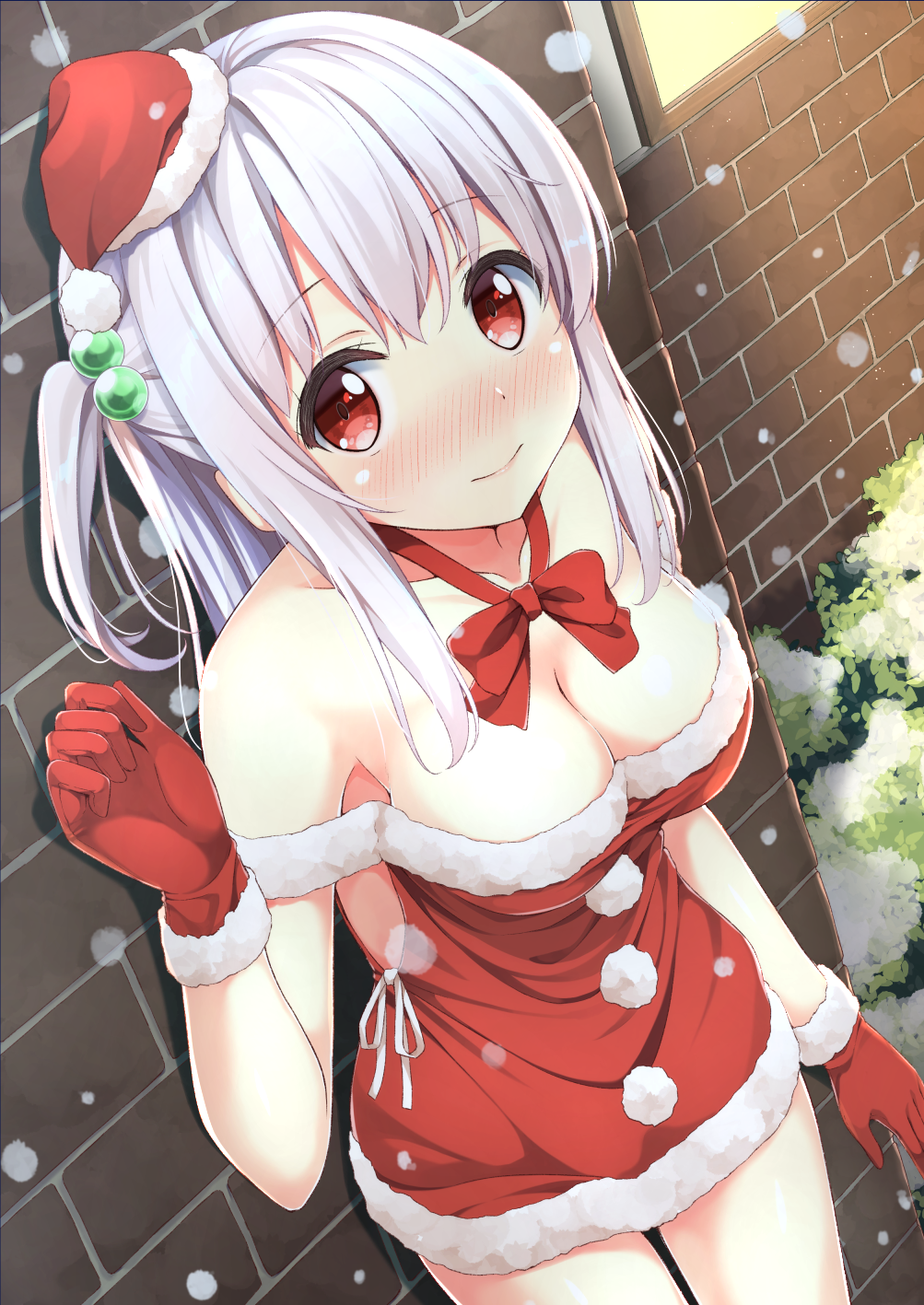 against_wall bare_shoulders blush bow bowtie breasts cleavage collarbone dutch_angle from_above gloves hair_bobbles hair_ornament hat highres karutamo long_hair looking_at_viewer looking_up medium_breasts mini_hat one_side_up original outdoors red_bow red_eyes red_gloves red_neckwear santa_costume santa_hat silver_hair snow snowing solo standing tisshu_(karutamo) wall