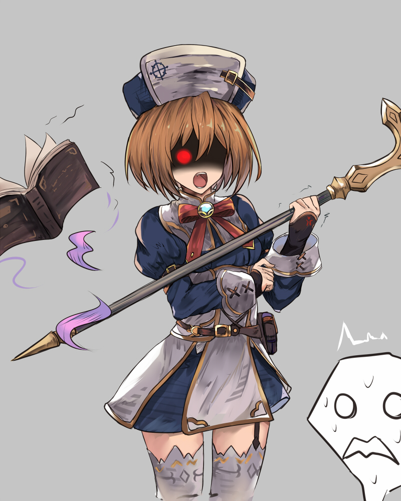 angry blanc book brown_hair cowboy_shot four_goddesses_online:_cyber_dimension_neptune garter_straps hat neptune_(series) open_mouth ribbon scared shaded_face short_hair skirt staff surprised sweatdrop teeth thighhighs white_crow