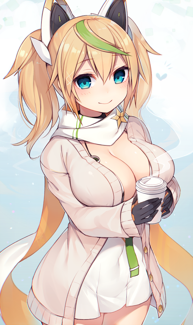 1girl bangs black_gloves blonde_hair blush breasts cardigan cleavage closed_mouth coffee_cup covered_navel cowboy_shot cup disposable_cup dress eyebrows_visible_through_hair gene_(pso2) gloves green_hair hair_between_eyes hair_ornament headgear heart holding large_breasts long_hair long_sleeves looking_at_viewer multicolored_hair muryotaro phantasy_star phantasy_star_online_2 scarf shiny shiny_hair short_dress sleeveless sleeveless_dress smile solo spaghetti_strap star steam streaked_hair twintails unbuttoned white_dress white_scarf x_hair_ornament