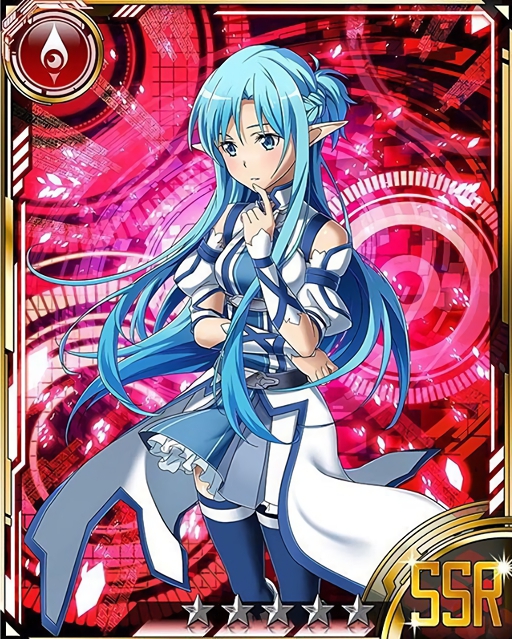 asuna_(sao) asuna_(sao-alo) blue_eyes blue_hair blue_legwear blue_skirt card_(medium) detached_sleeves finger_to_mouth long_hair official_art pleated_skirt pointy_ears skirt solo star sword_art_online sword_art_online:_code_register thighhighs