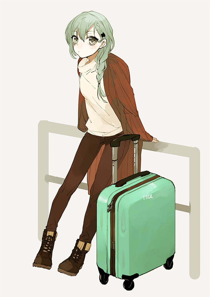 against_railing alternate_costume alternate_hairstyle aqua_eyes aqua_hair artist_name blush braid coat hair_ornament hairclip highres hita_(hitapita) kantai_collection leaning_on_object long_hair long_sleeves looking railing rolling_suitcase shoes simple_background single_braid sneakers solo suitcase suzuya_(kantai_collection) sweater turtleneck turtleneck_sweater