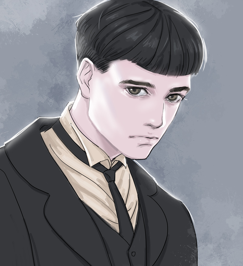black_eyes black_hair credence_barebone fantastic_beasts_and_where_to_find_them grey_background male_focus necktie solo upper_body yunzhi-zz