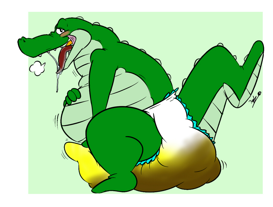 alligator belly big_belly crocodilian diaper drooling feces open_mouth reptile saliva scalie scat soiling xepher777
