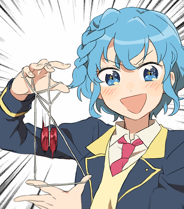 :d blue_eyes blue_hair blush braid collared_shirt commentary dorothy_west doyagao emphasis_lines looking_at_viewer lowres necktie open_mouth pretty_(series) pripara red_neckwear sakuragi_mochi school_uniform shirt short_hair smile solo sparkling_eyes string_play_spider_baby sweater upper_body v-shaped_eyebrows white_background yo-yo