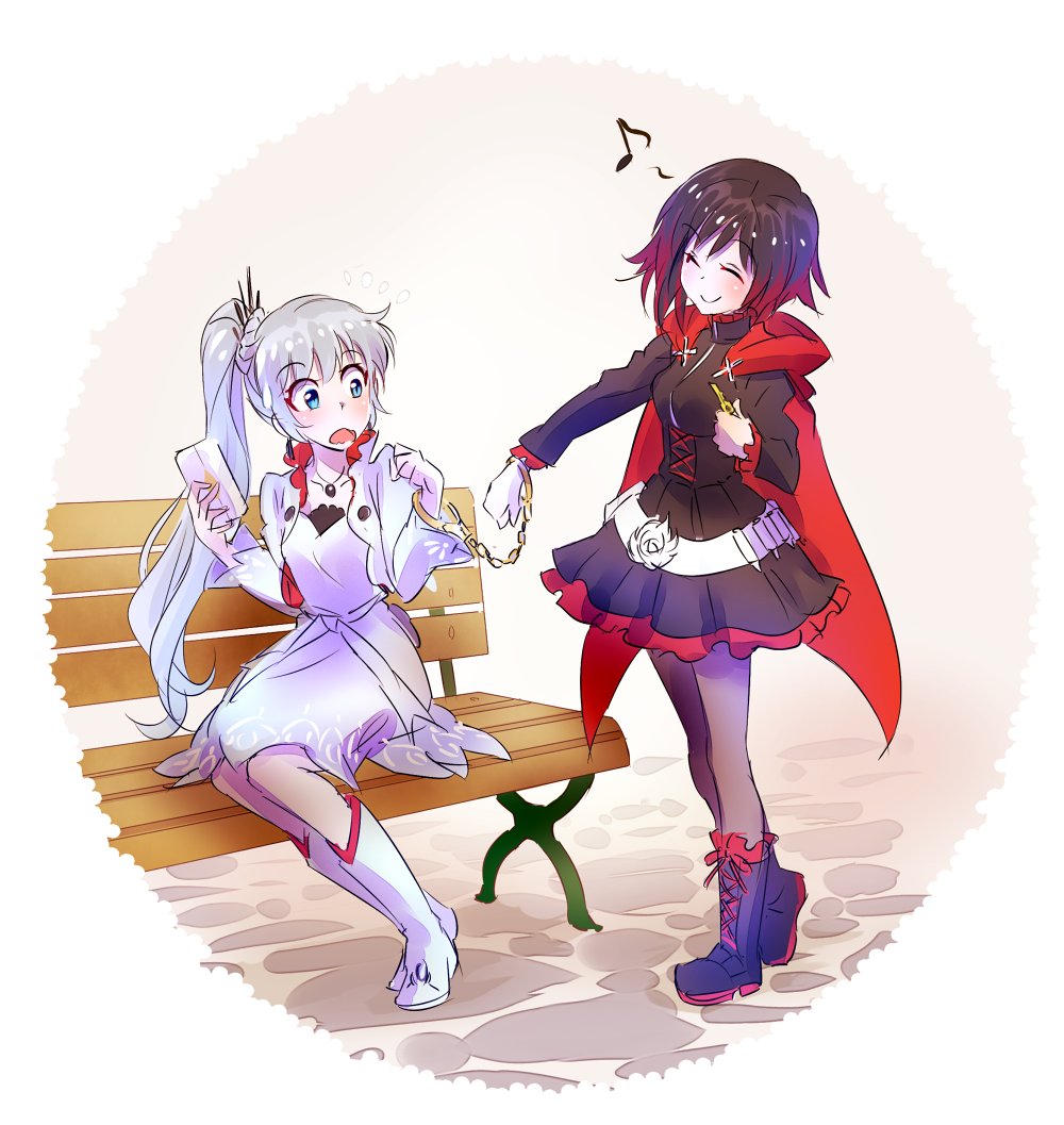 bench black_footwear black_hair blue_eyes boots cape cellphone closed_eyes cobblestone commentary cuffs earrings eighth_note full_body handcuffs iesupa jacket jewelry key multiple_girls musical_note open_mouth pantyhose phone ponytail road ruby_rose rwby rwby_chibi smartphone smile street surprised thighs tiara weiss_schnee white_footwear white_hair