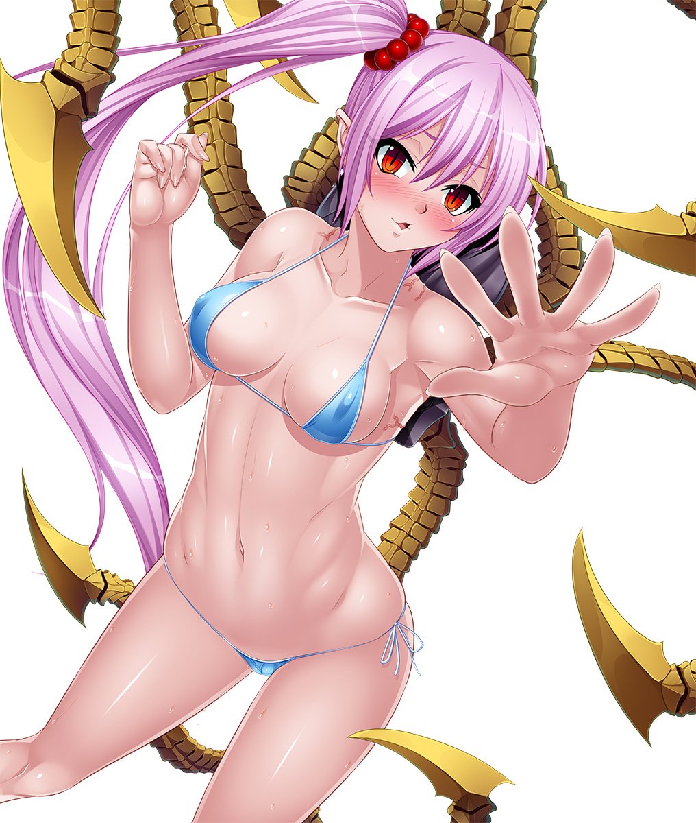 1girl armpits bangs bikini blue_bikini blush breasts cameltoe cleavage clenched_hands collarbone cowboy_shot dutch_angle embarrassed erect_nipples female fingernails foreshortening groin hair_between_eyes hair_bobbles hair_ornament hands kagami_hirotaka lavender_hair long_fingernails long_hair looking_at_viewer lowleg lowleg_bikini micro_bikini navel nose_blush official_art open_mouth outstretched_hand parted_bangs pink_hair pointy_ears red_eyes saya_(taimanin_asagi) saya_neo shiny shiny_skin side-tie_bikini side_ponytail sideboob simple_background slit_pupils small_breasts solo standing string_bikini sweat swimsuit taimanin_(series) taimanin_asagi taimanin_asagi_battle_arena taimanin_asagi_kessen_arena tentacle very_long_hair