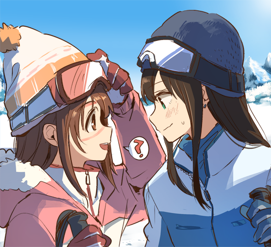 :d ? akni beanie blush brown_eyes brown_hair commentary_request earrings from_side gloves goggles goggles_on_head green_eyes hat hood hooded_jacket idolmaster idolmaster_cinderella_girls imprint imprinted_skin jacket jewelry mountain multiple_girls open_mouth profile shibuya_rin shimamura_uzuki ski_gear ski_goggles smile snow speech_bubble spoken_question_mark sweatdrop wavy_mouth winter winter_clothes