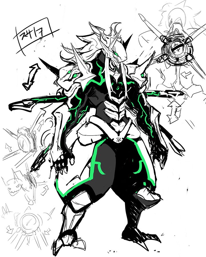 blazblue blazblue:_central_fiction concept_art evil evil_grin evil_smile eyes full_body green_eyes grin headgear limited_palette looking_back magatama mori_toshimichi no_humans official_art pauldrons shin_guards shoulder_armor shoulder_spikes sidelocks smile spiked_hair spikes spot_color susanoo_(blazblue) symbol teeth white_background white_hair