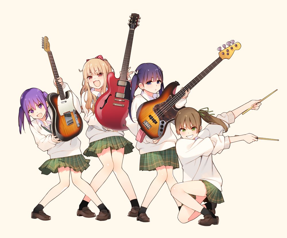 :d bass_guitar black_hair black_legwear blonde_hair blue_eyes blush bow brown_eyes brown_hair character_request collared_shirt drumsticks electric_guitar es-335 eyebrows_visible_through_hair full_body fuzuki_fuuro green_eyes green_ribbon green_skirt grin guitar hair_bow hair_ribbon holding holding_instrument instrument jazz_bass knees_together_feet_apart loafers long_sleeves looking_at_viewer multiple_girls olive!_believe_"olive"? one_knee open_mouth outstretched_arm parted_lips plaid plaid_skirt polka_dot polka_dot_bow purple_eyes purple_hair red_bow ribbon school_uniform shirt shoes side_ponytail simple_background skirt smile socks standing sweater telecaster twintails v-shaped_eyebrows white_background white_shirt wing_collar