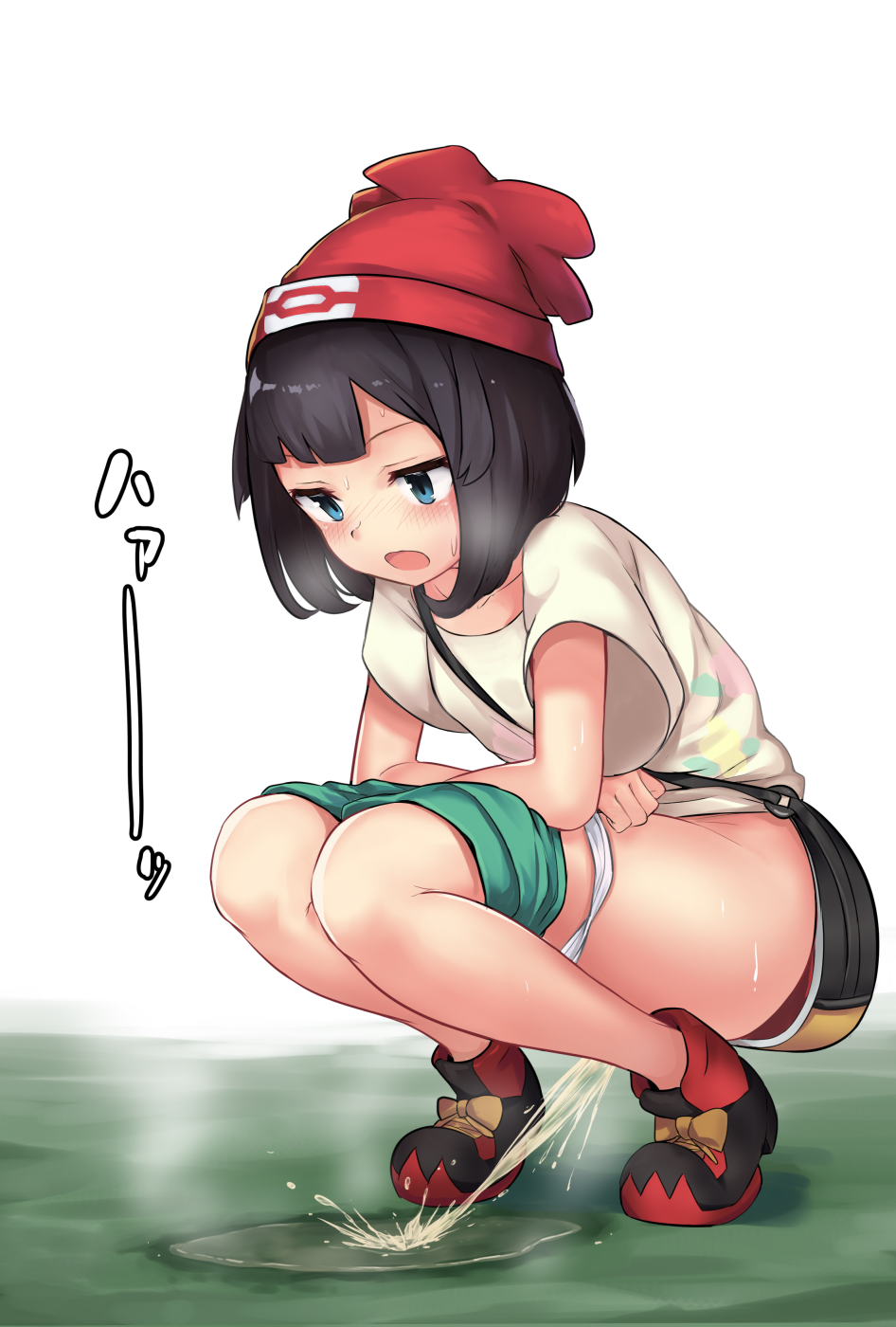 bag bangs beanie black_hair blue_eyes blunt_bangs blush breasts hat highres knees_together_feet_apart metaring mizuki_(pokemon) open_mouth panties panty_pull pee peeing pokemon pokemon_(game) pokemon_sm red_hat shirt shoes short_hair shorts shorts_pull small_breasts sneakers solo squatting t-shirt underwear white_panties wide_sleeves