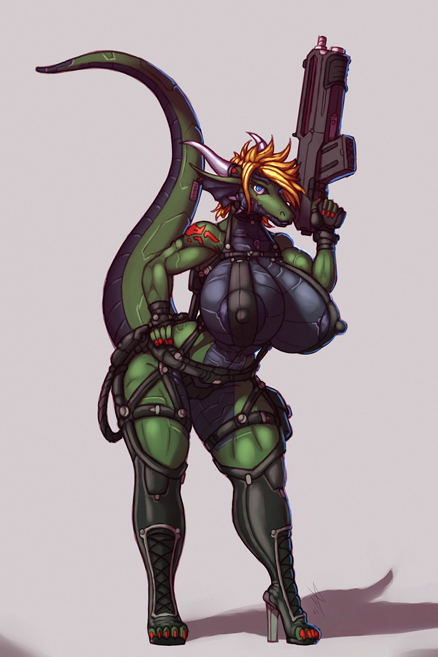 2016 android big_breasts black_nipples blue_eyes boots breasts clothing dragon female footwear gun horn invalid_tag looking_at_viewer machine nipples ranged_weapon reptile rifle robot scalie soldier talynn weapon