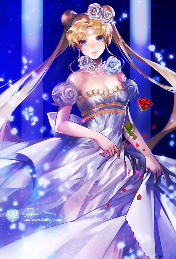 bangs bare_shoulders bishoujo_senshi_sailor_moon blonde_hair breasts cleavage double_bun dress facial_mark flower forehead_mark hair_flower hair_ornament jewelry large_breasts lips long_hair na_young_lee necklace pearl_necklace petals princess_serenity purple_eyes red_flower red_rose rose rose_petals signature solo tsukino_usagi very_long_hair watermark white_flower white_rose