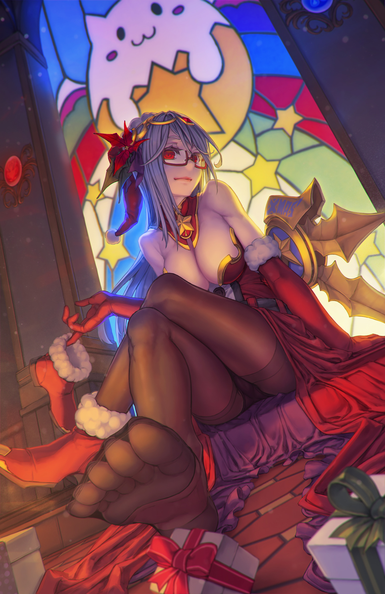 arm_support bare_shoulders black_legwear box breasts cleavage closed_mouth commentary_request crossed_legs dress elbow_gloves feet flower fur_trim gift gift_box glasses gloves hair_flower hair_ornament highres large_breasts long_hair looking_at_viewer pale_skin panties panties_under_pantyhose pantyhose puzzle_&amp;_dragons red-framed_eyewear red_dress red_eyes red_footwear red_gloves ringed_eyes rotix santa_costume semi-rimless_eyewear shoes silver_hair sitting solo stained_glass tamadra thighband_pantyhose toes under-rim_eyewear underwear urd_(p&amp;d)