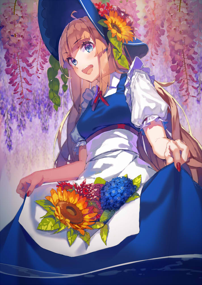 :d ahoge apron bangs blonde_hair blue_dress blue_eyes blunt_bangs collared_shirt dahlia dress fingernails flower frilled_shirt frilled_sleeves frills from_below hair_between_eyes hat hat_flower hydrangea ivy leaf long_fingernails long_hair looking_at_viewer nail_polish neck_ribbon open_mouth original plant puffy_short_sleeves puffy_sleeves red_flower red_nails red_ribbon ribbon shadow shirt short_sleeves skirt_basket smile solo sun_hat sunflower teeth waist_apron white_shirt wisteria yasumo_(kuusouorbital)