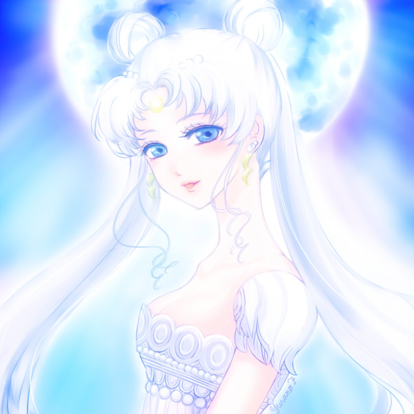 bangs bishoujo_senshi_sailor_moon blue_eyes double_bun earrings facial_mark forehead_mark from_side fumizuki_yurano jewelry lavender light_smile long_hair looking_at_viewer moon open_mouth pale_color parted_bangs parted_lips princess_serenity signature solo tsukino_usagi twintails upper_body white_hair