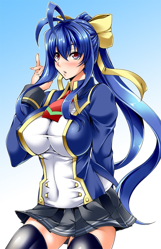antenna_hair arm_behind_back arm_up ass_visible_through_thighs bangs black_legwear blazblue blazblue_remix_heart blue_hair blush bow breasts covered_navel covered_nipples cowboy_shot fingernails genderswap genderswap_(mtf) hair_between_eyes hair_bow hand_in_hair impossible_clothes impossible_shirt kanten large_breasts lips long_fingernails long_hair long_sleeves looking_at_viewer mai_natsume nail_polish necktie ponytail red_eyes red_neckwear ribbon school_uniform shirt sidelocks simple_background skin_tight skirt smile solo thighhighs very_long_hair yellow_bow zettai_ryouiki