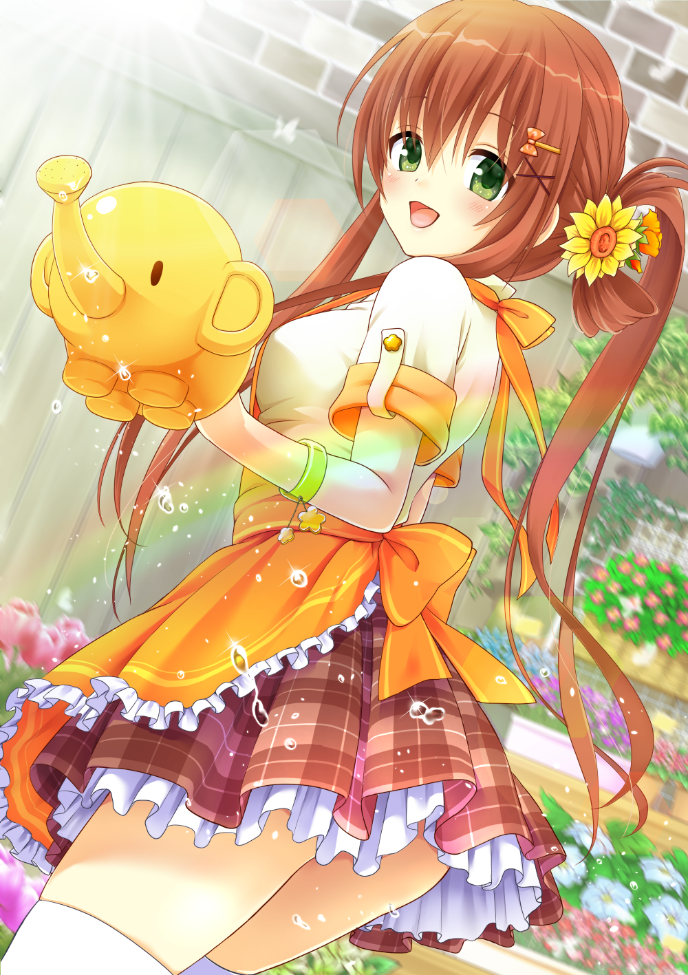 apron bangs blush breasts brown_hair brown_skirt commentary daidai_jamu day dutch_angle florist flower frilled_apron frills green_eyes hair_between_eyes hair_flower hair_ornament hairclip highres indoors long_hair medium_breasts moe2016 open_mouth orange_apron original petticoat plaid plaid_skirt ponytail rainbow revision skirt smile solo thighhighs waist_apron water_drop watering_can white_legwear