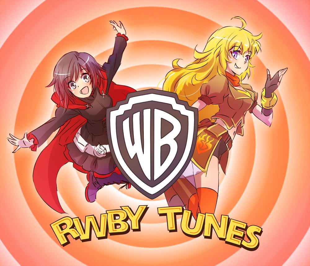 black_hair blonde_hair commentary company_connection company_name ember_celica_(rwby) english iesupa logo looney_tunes multiple_girls pantyhose pun purple_eyes ruby_rose rwby siblings silver_eyes sisters thighhighs title_parody warner_bros yang_xiao_long