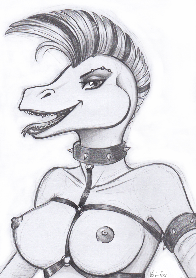 anthro areola breasts collar female looking_at_viewer monochrome nipples reptile scalie sketch smile snake solo spiked_collar spikes vani-fox