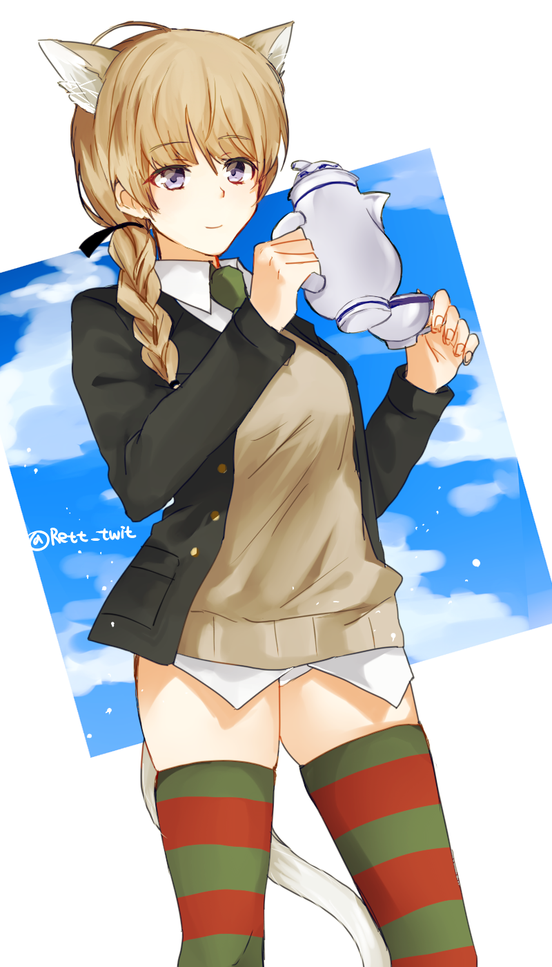 animal_ears black_jacket blue_eyes braid brown_hair cat_ears cat_tail cloud cloudy_sky cup hair_ornament hair_ribbon highres holding holding_cup jacket long_sleeves looking_at_viewer lynette_bishop necktie no_pants open_clothes open_jacket panties retto ribbon shirt single_braid sky smile solo standing strike_witches striped striped_legwear sweater_vest tail teacup teapot thighhighs twitter_username underwear white_panties world_witches_series