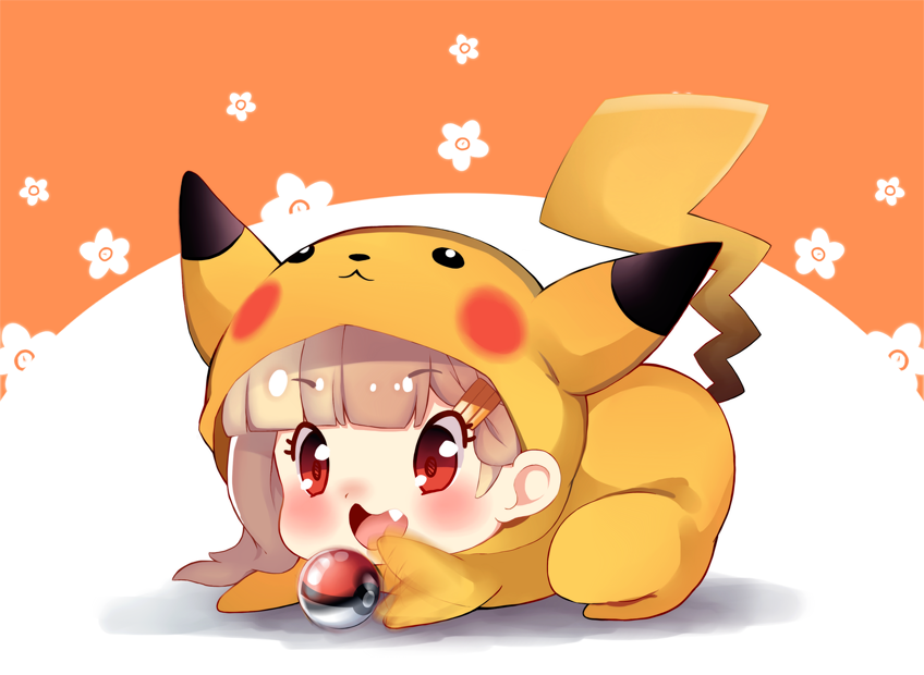 afterimage all_fours alternate_costume bangs blonde_hair blunt_bangs blush chibi cosplay eyebrows_visible_through_hair fang full_body gen_1_pokemon hair_ornament hairclip kantai_collection motion_blur pikachu pikachu_(cosplay) playing poke_ball pokemon red_eyes remodel_(kantai_collection) solo two-tone_background yumekii yuudachi_(kantai_collection)