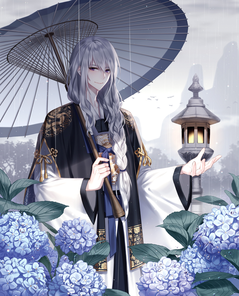 bangs blush braid flower fog grey_sky holding holding_umbrella hydrangea japanese_clothes kimono leaf long_hair looking_at_viewer looking_to_the_side male_focus original outdoors outstretched_hand purple_eyes rain silver_hair single_braid smile solo srb7606 standing umbrella wavy_hair wide_sleeves