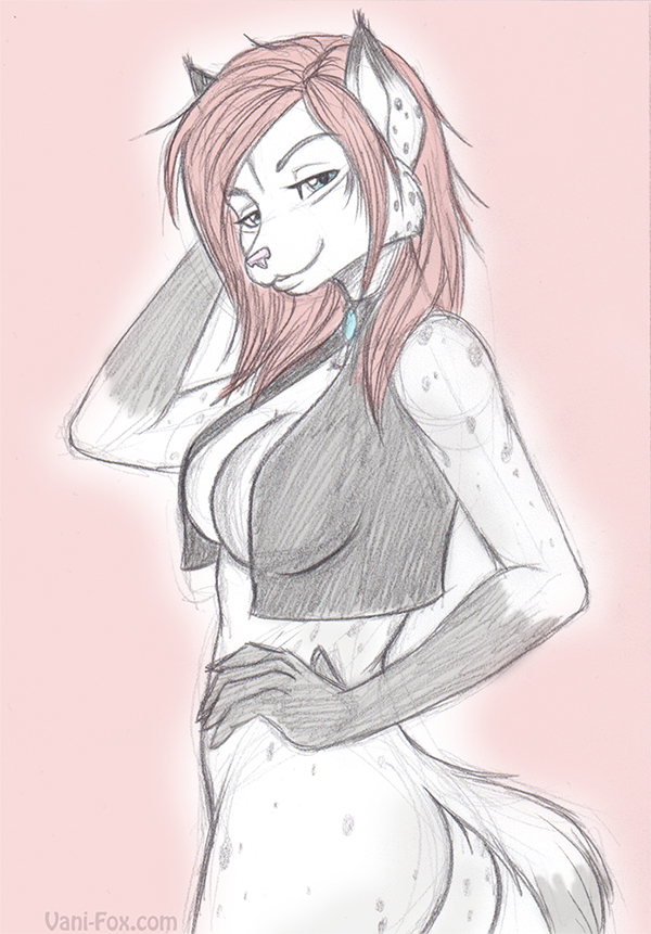 anthro breasts clothed clothing female hyena looking_at_viewer mammal monochrome sketch smile solo standing vani-fox