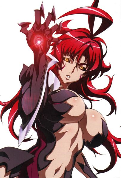 abdomen amaha_masane black_sclera breasts cleavage face_markings large_breasts long_hair navel red_hair witchblade yellow_eyes