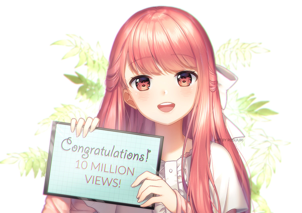:d artist_name bangs blush congratulations english eyebrows_visible_through_hair hair_ribbon half_updo hits holding leaf leaf_background long_hair looking_at_viewer number open_mouth pink_eyes pink_hair ribbon rin_(shelter) rosuuri round_teeth shelter_(music_video) smile solo sparkle teeth upper_body white_ribbon