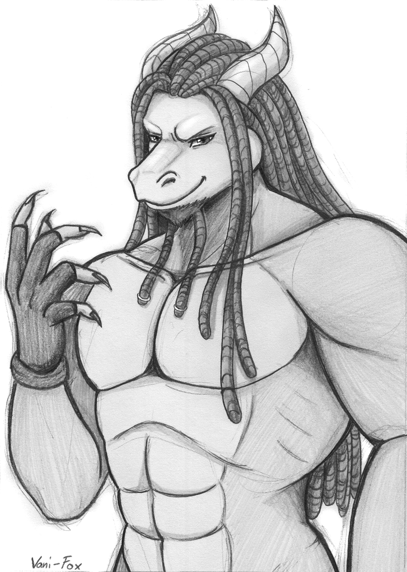 anthro beard dragon dreadlocks facial_hair looking_at_viewer male monochrome muscular sketch smile solo vani-fox