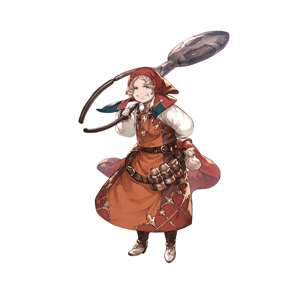 apron bandana belt blue_eyes boots brown_hair full_body granblue_fantasy jewelry minaba_hideo necklace official_art old_woman rosine_(granblue_fantasy) solo transparent_background