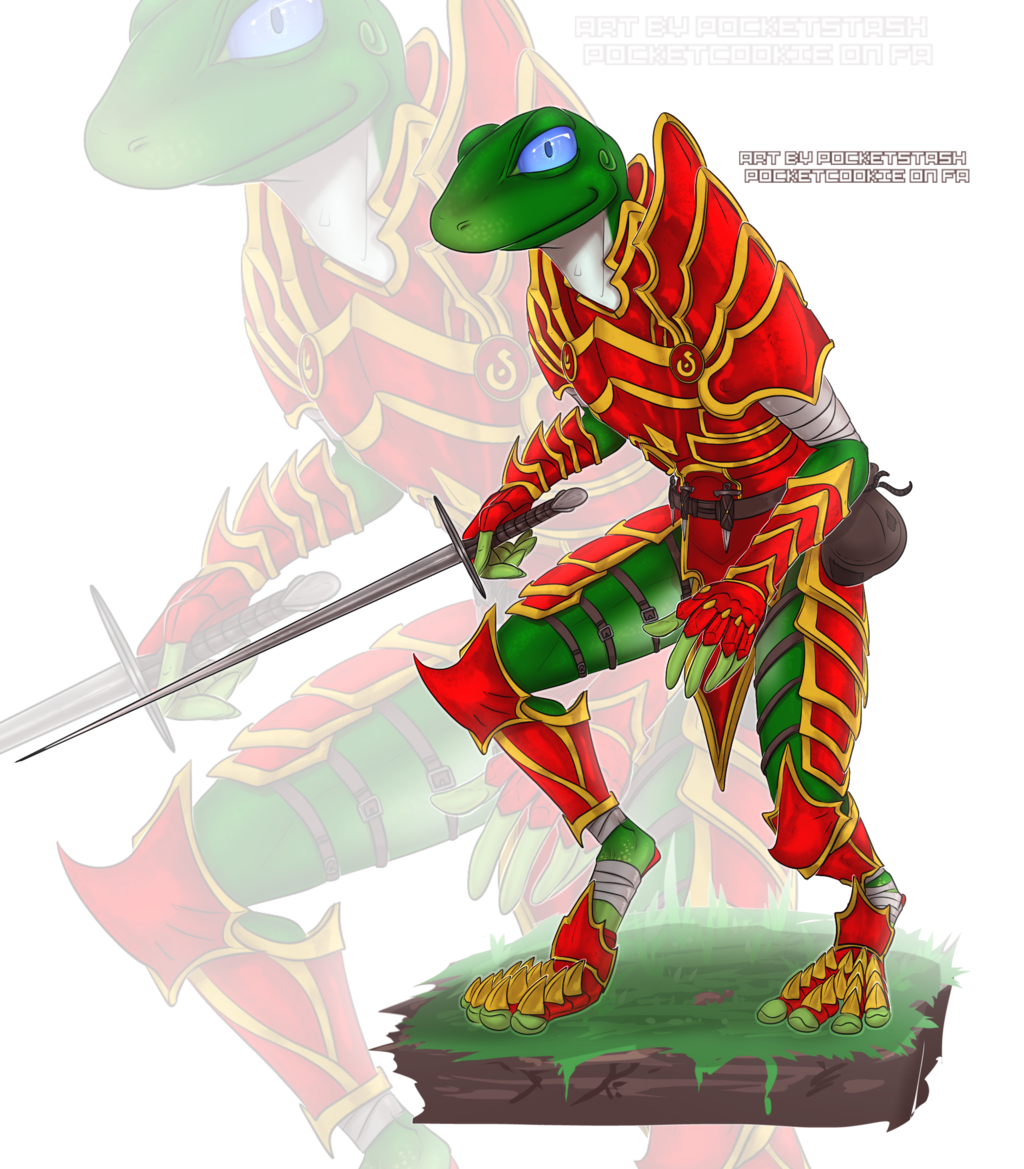 amphibian anthro armor bag bandage belt blue_eyes frog green_skin holding_object holding_weapon looking_at_viewer male melee_weapon pocketcookie simple_background smile solo standing sword weapon white_background white_skin zoom_layer