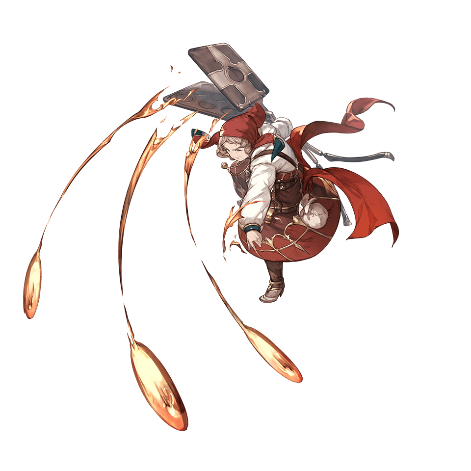 apron bandana belt blue_eyes boots brown_hair fire full_body granblue_fantasy jewelry minaba_hideo necklace official_art old_woman rosine_(granblue_fantasy) solo transparent_background
