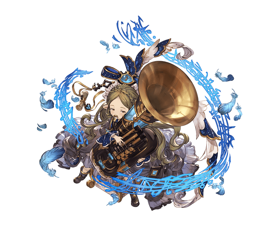 animal_ears boots brown_eyes brown_hair curly_hair feathers full_body granblue_fantasy hair_ornament harvin instrument long_hair minaba_hideo musical_note official_art pointy_ears robertina_(granblue_fantasy) solo transparent_background tuba