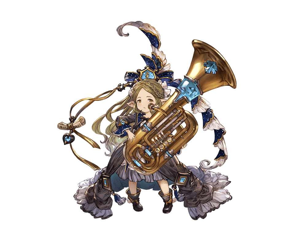 boots brown_eyes brown_hair curly_hair full_body granblue_fantasy hair_ornament harvin instrument long_hair minaba_hideo official_art open_mouth pointy_ears robertina_(granblue_fantasy) solo transparent_background tuba